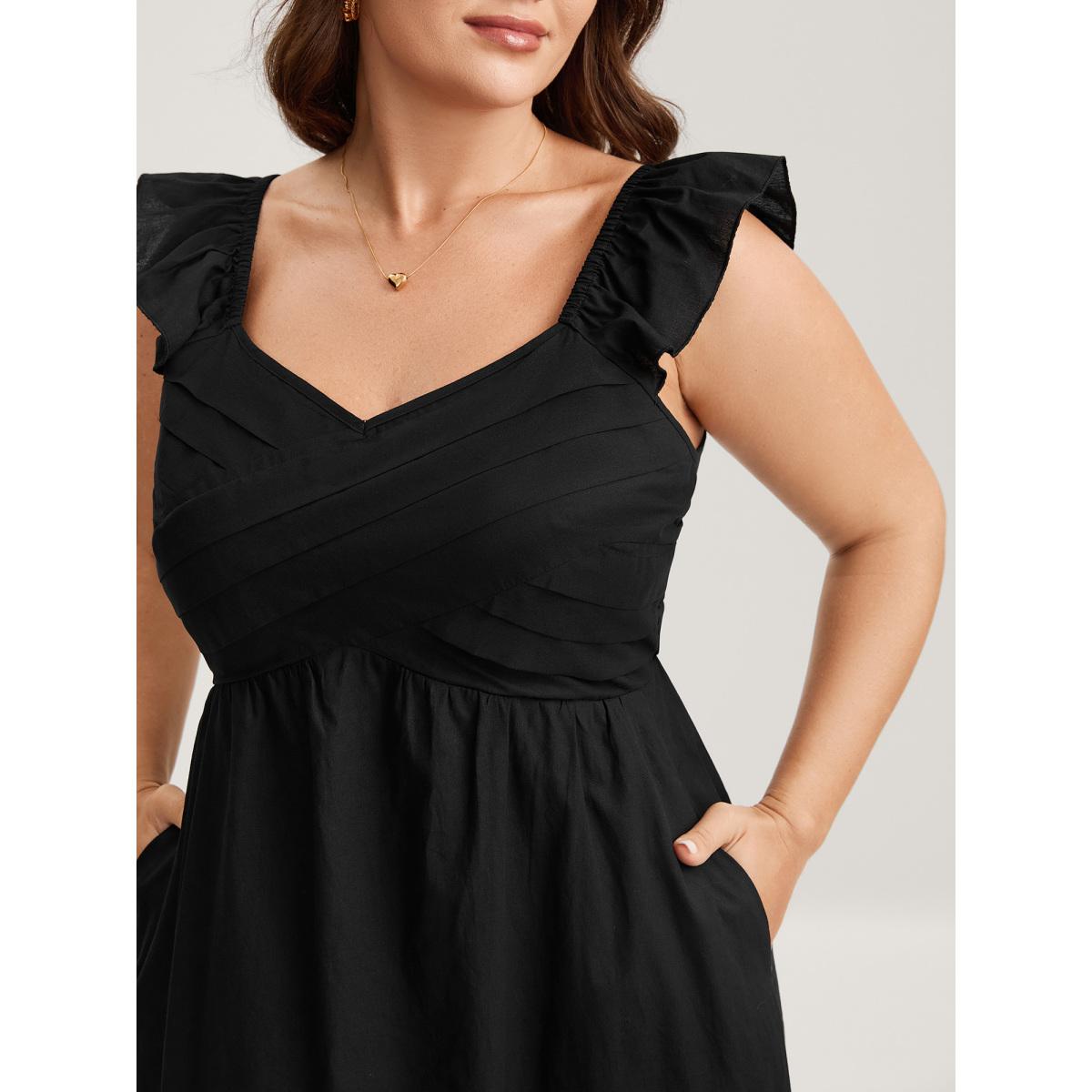 Plus Size Cotton Pleated Overlap Pockets Midi Dress Black Women Romantic Heart neckline Cap Sleeve Curvy BloomChic 10/M Product Image