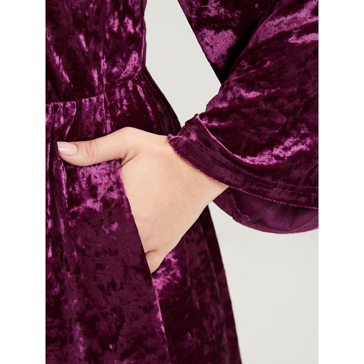 Plus Size Solid Cold Shoulder Pocket Bell Sleeve Velvet Dress RedViolet Women Party Elastic Waist Cold Shoulder Long Sleeve Curvy Midi Dress BloomChic 10/M Product Image
