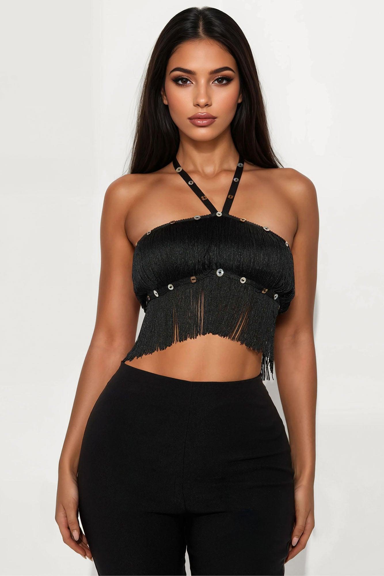 Spirit Swing Fringe Y-Neck Halter Top - Black Female Product Image