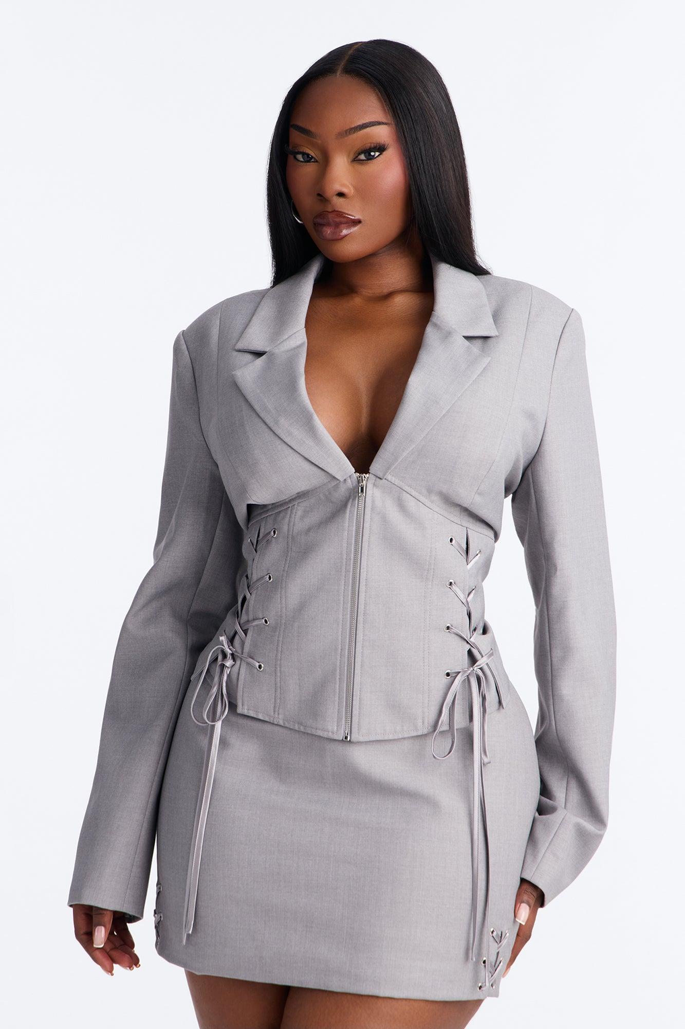 Unbothered Crepe Lace Up Corset Blazer - Light Grey Female Product Image