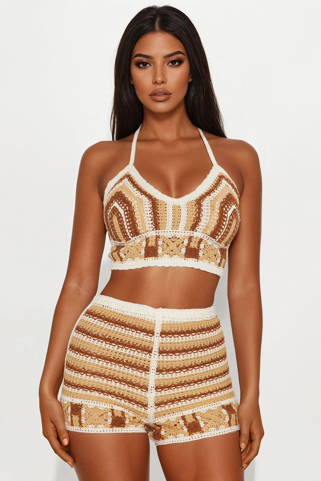 Island Calling Crochet Halter 2 Piece Sunsuit - Brown/combo Female Product Image