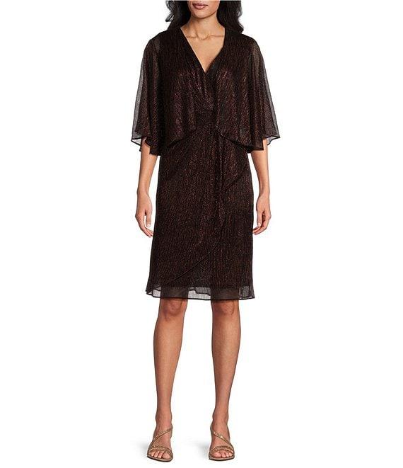 Ignite Evenings Surplice V-Neck Short Sleeve Metallic 2-Piece Cascade Jacket Dress Product Image