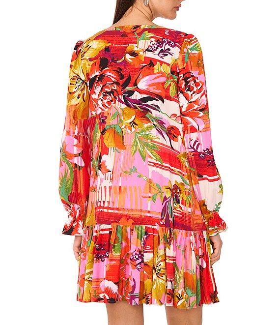 Vince Camuto Woven Floral Print Split Round Neck Long Sleeve Shift Dress Product Image