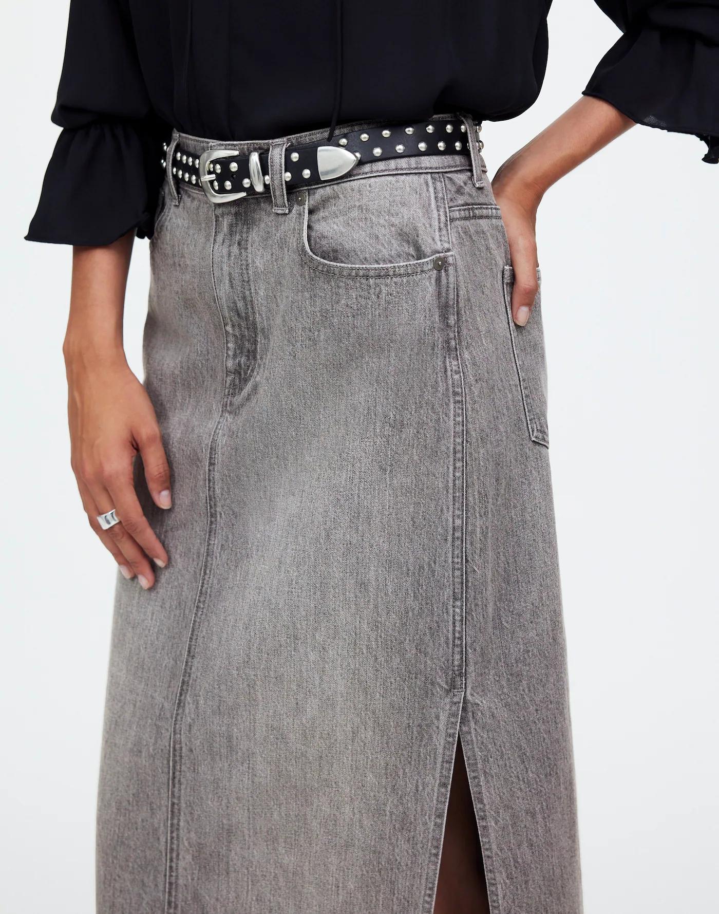 Denim Side-Slit Midi Skirt in Hallandale Wash Product Image
