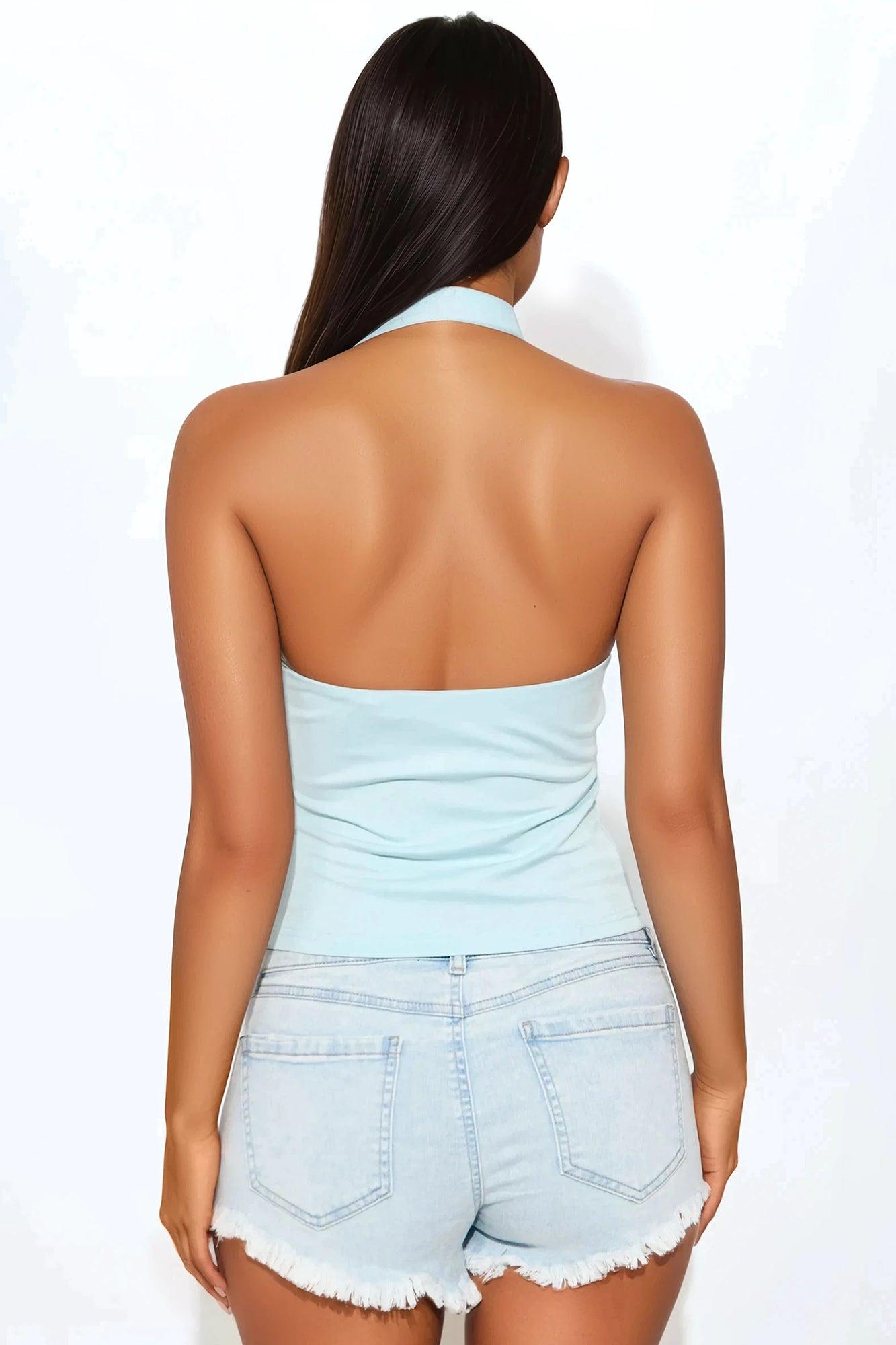 Lucille Cut Out Halter Top - Light Blue Product Image