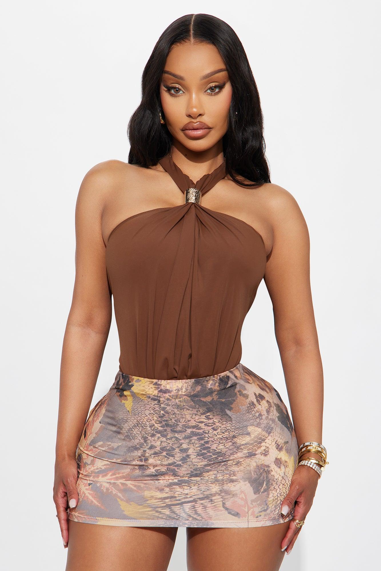 Beverly Y-Neck Ruched Bodysuit - Chocolate Female Product Image