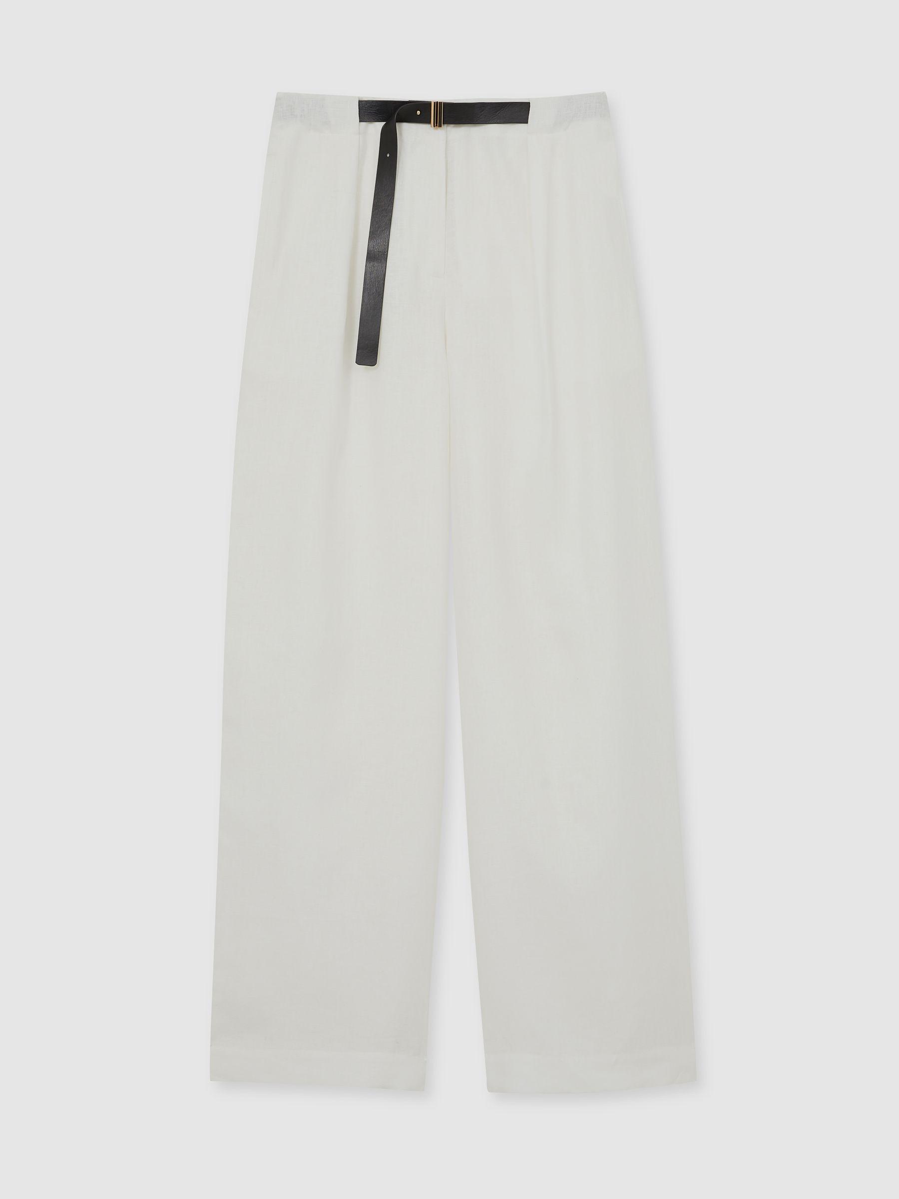Petite Linen Belted Wide-Leg Trousers in White Product Image