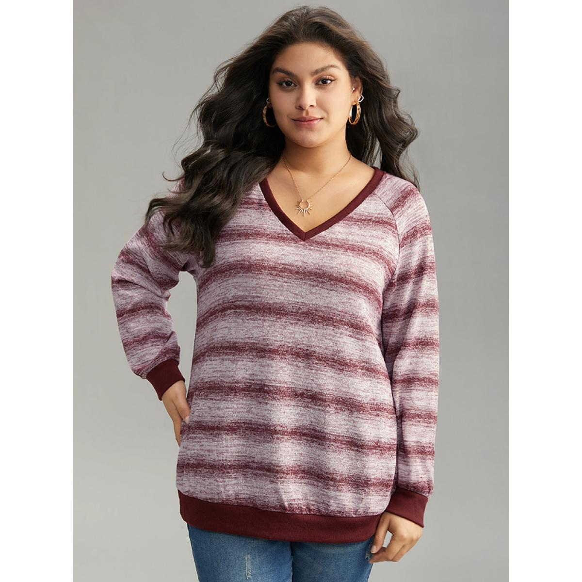 Plus Size Striped Ombre Rib Knit Elastic Cuffs Sweatshirt Women Burgundy Casual Rib Knit V-neck Dailywear Sweatshirts BloomChic 28/5X Product Image