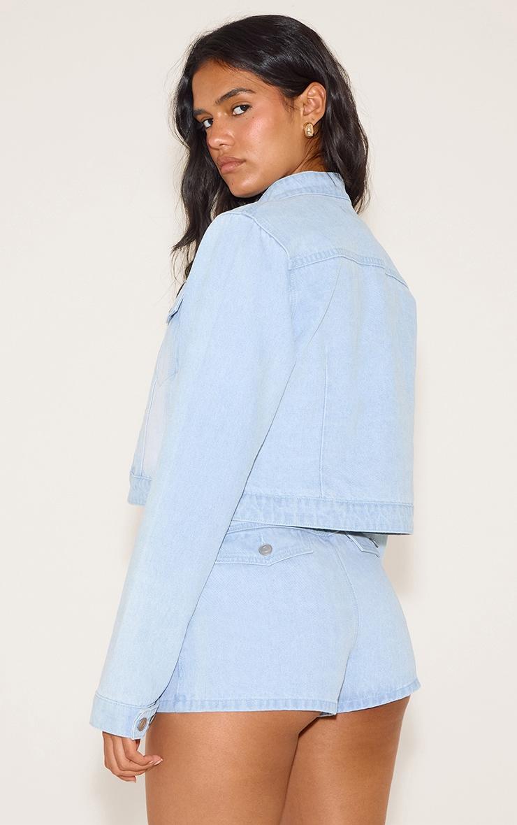 Light Blue Seam Detail Cropped Denim Racer Jacket Product Image