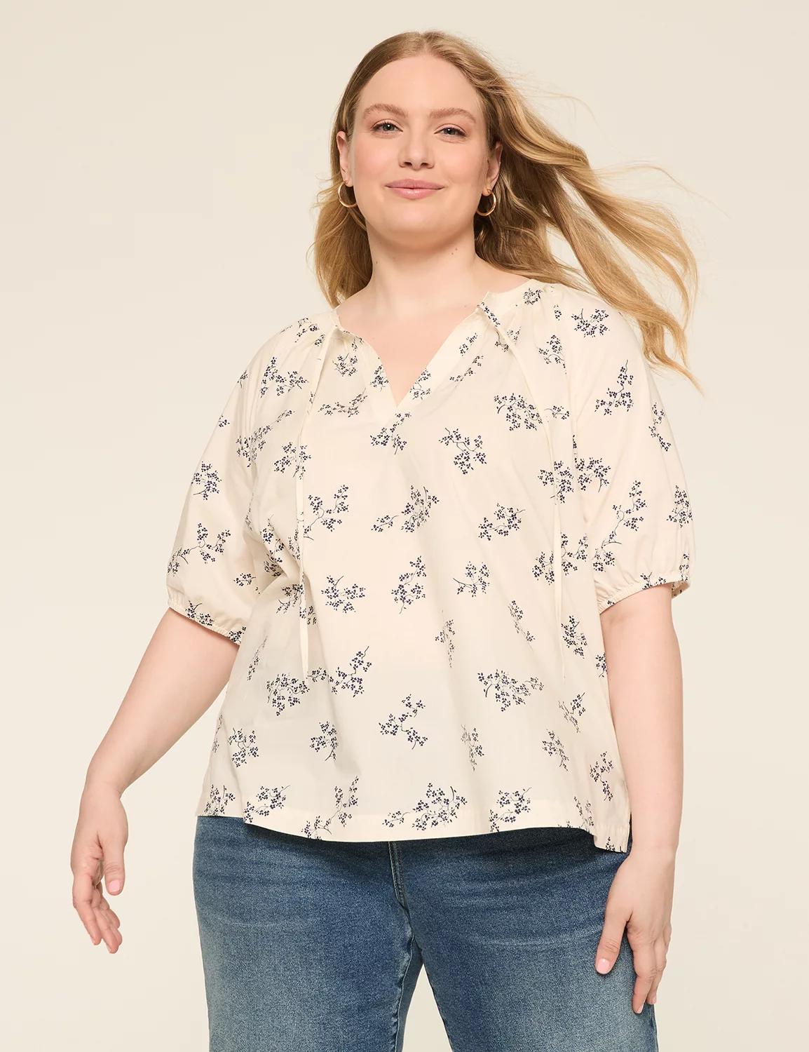 Elbow-Sleeve Tie-Neck Popover Blouse Product Image