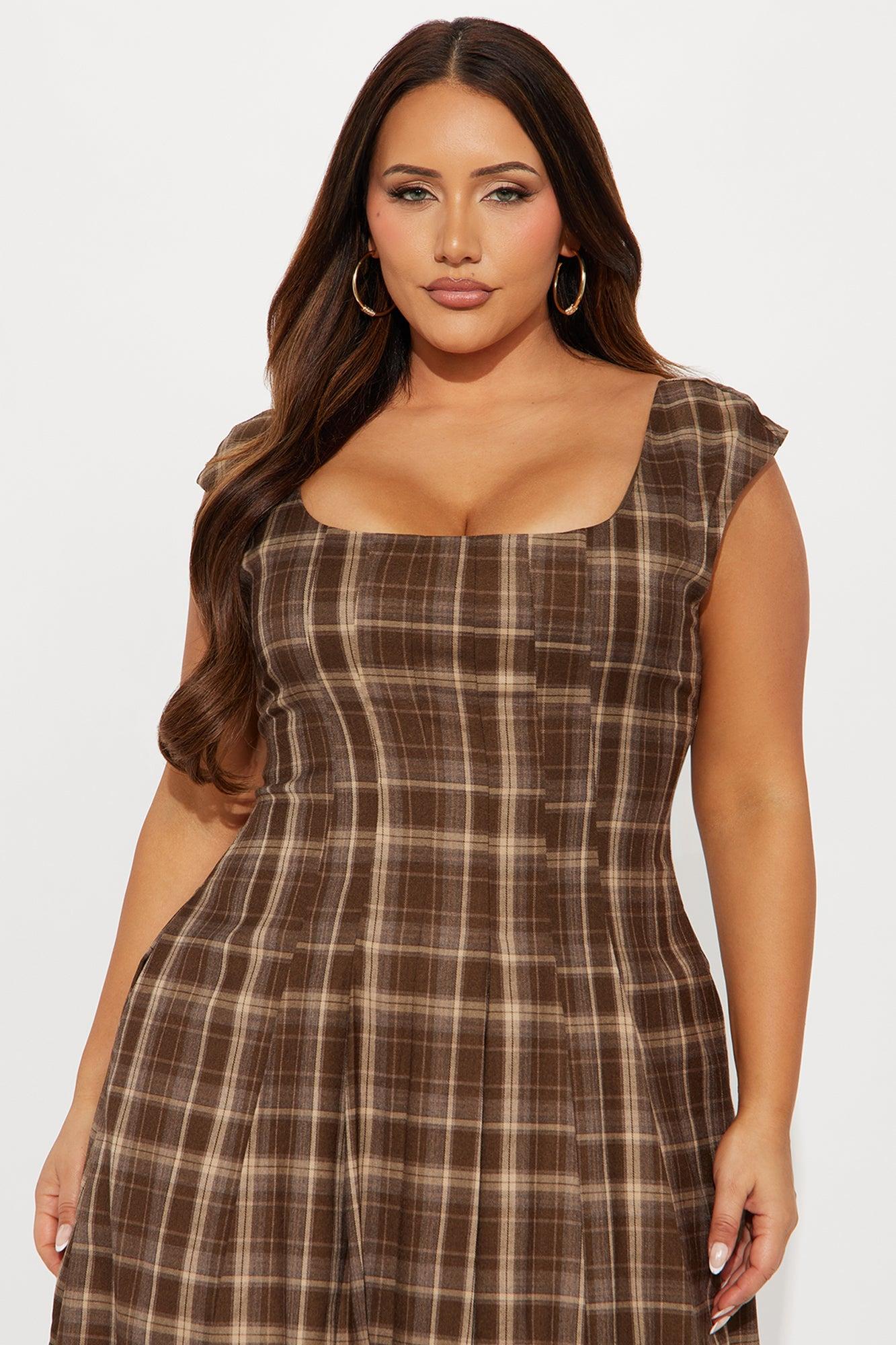 Clover Pleated Plaid Midi Dress - Brown/combo Female Product Image