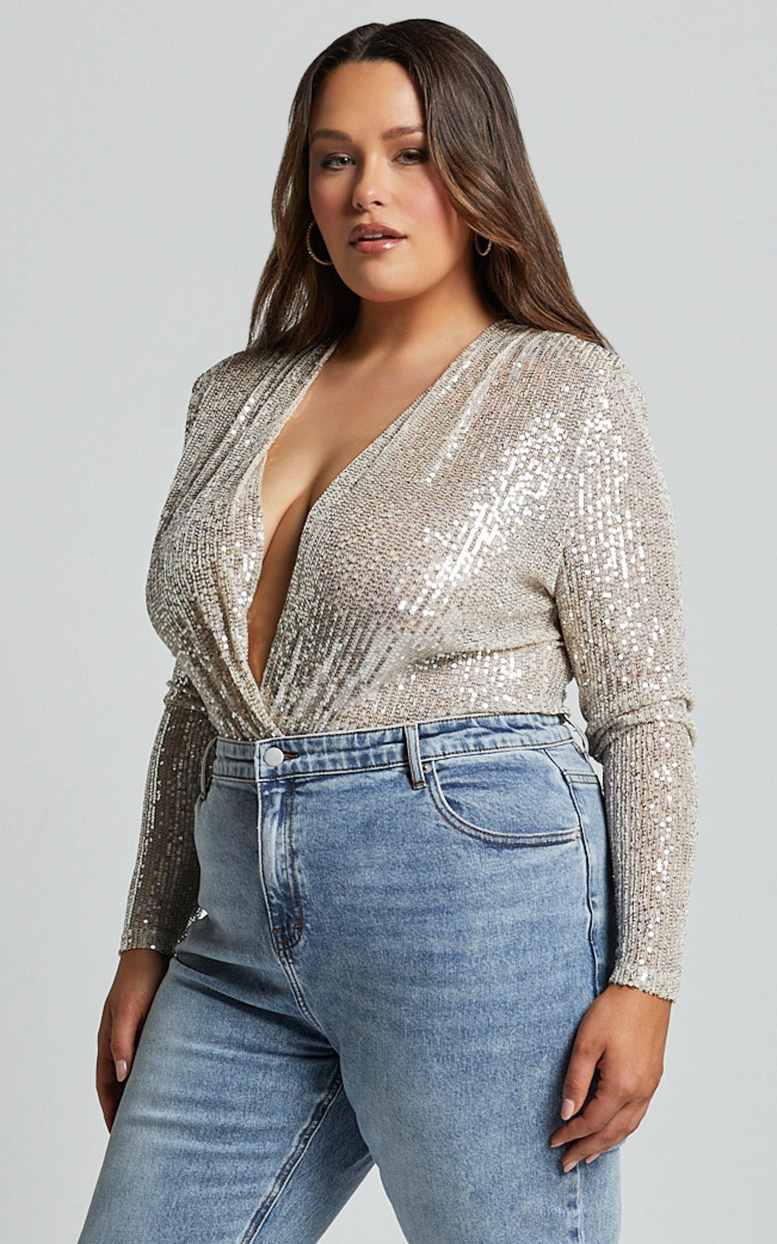 Alora Bodysuit - Sequin Wrap Front Long Sleeve Bodysuit in Silver Product Image