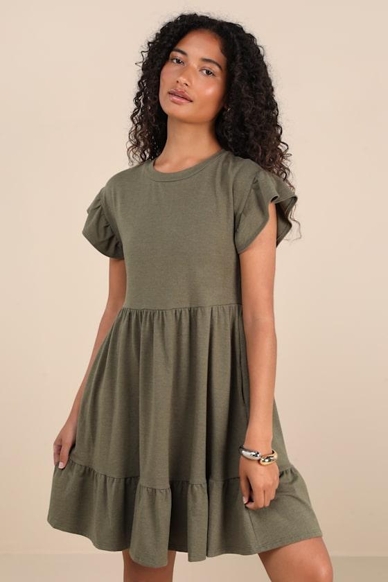 Sweetest Style Olive Green Tiered Babydoll Dress Product Image
