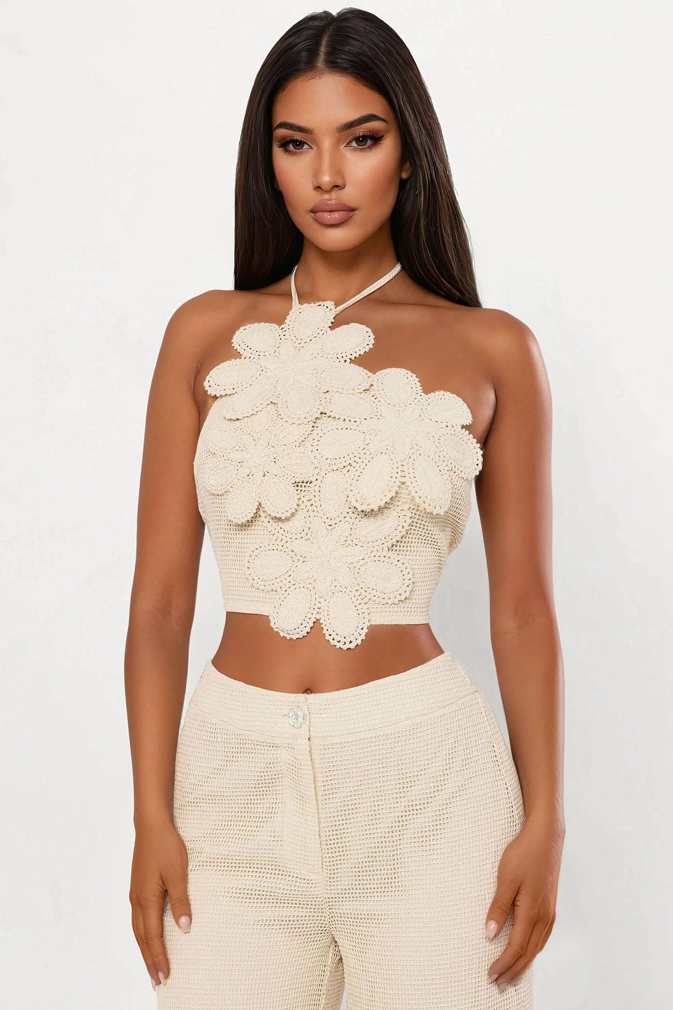 Maya 3D Flower Crochet Pant Set - Cream Female Product Image