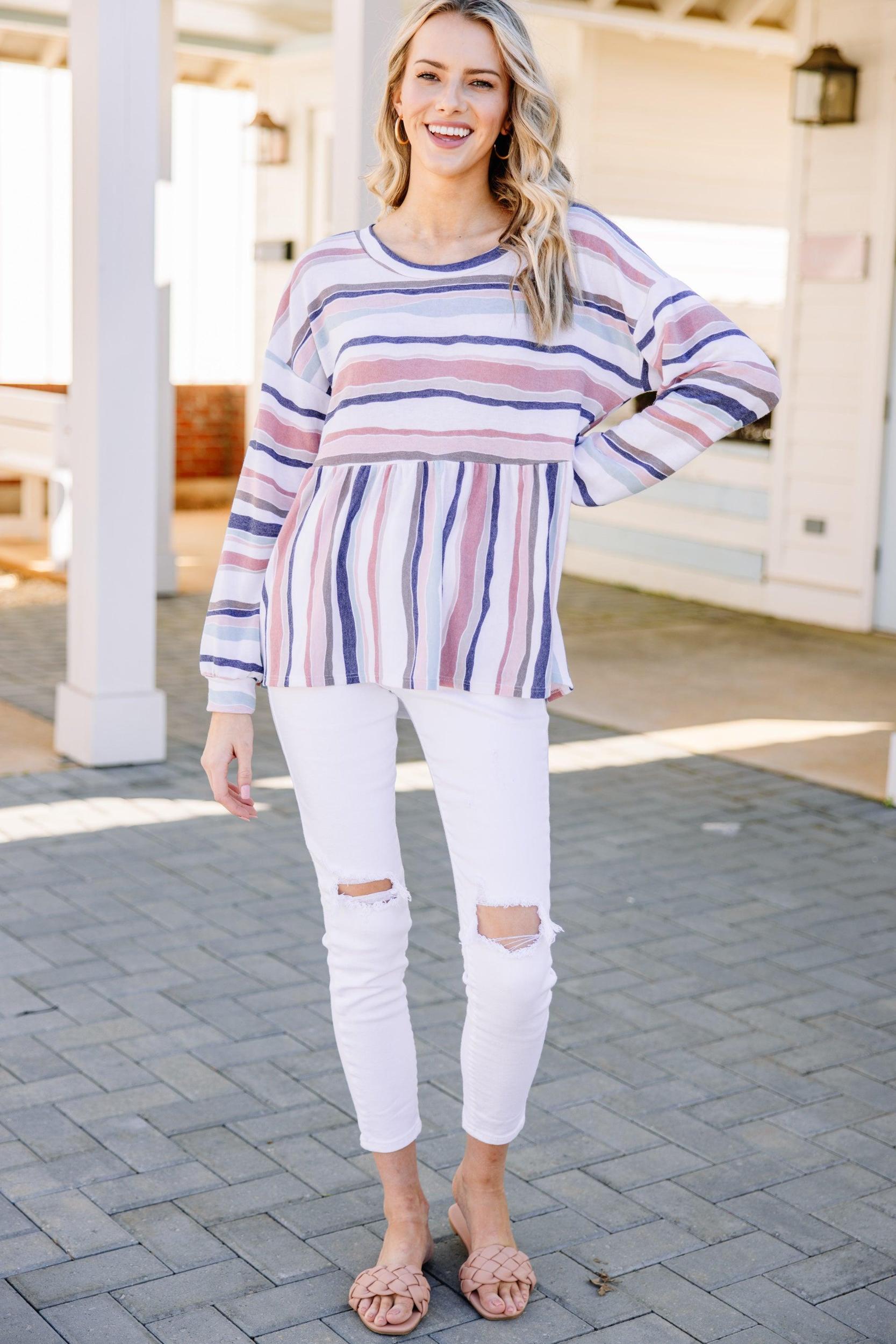 Let's Find Out Coral Orange Striped Bubble Sleeve Top Female Product Image