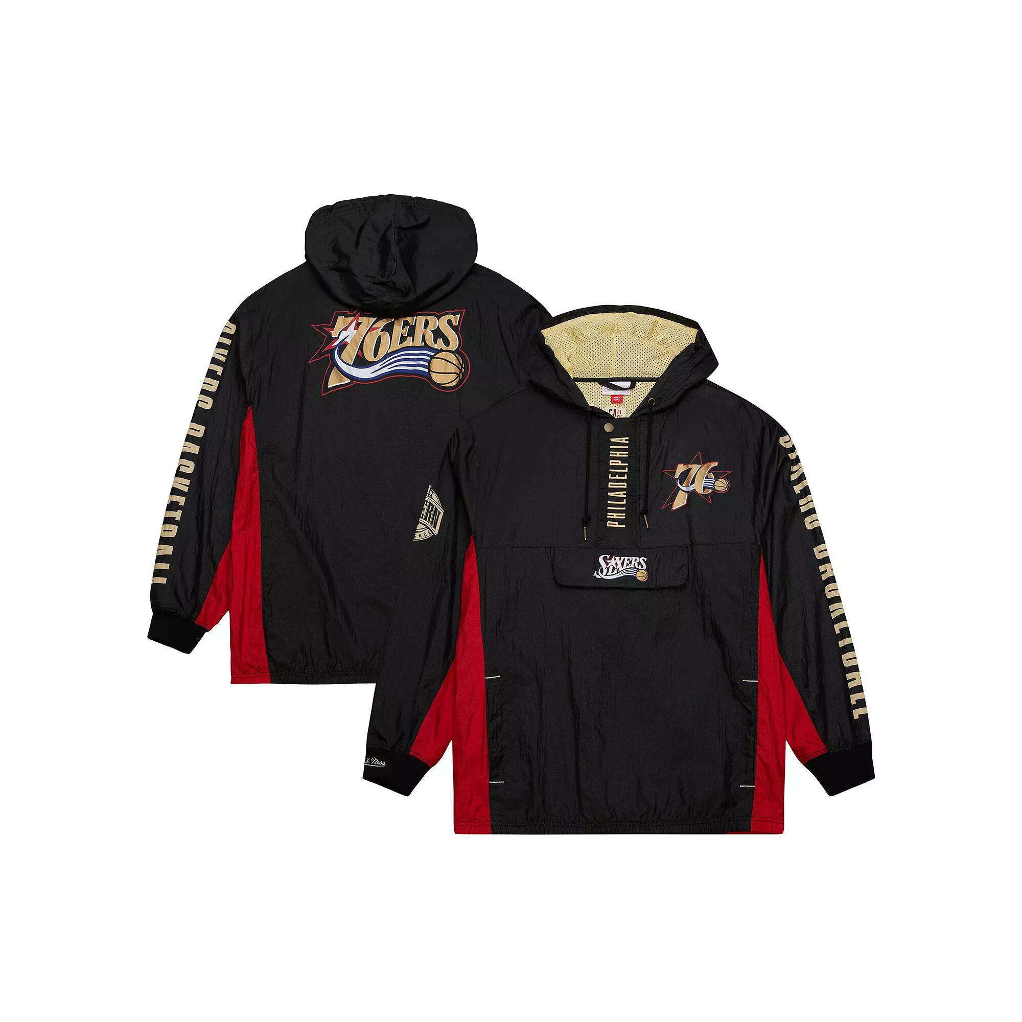 Men's Mitchell & Ness Black Philadelphia 76ers Big & Tall Hardwood Classics Team OG 2.0 Anorak Hoodie Quarter-Zip Windbreaker Jacket,  Product Image