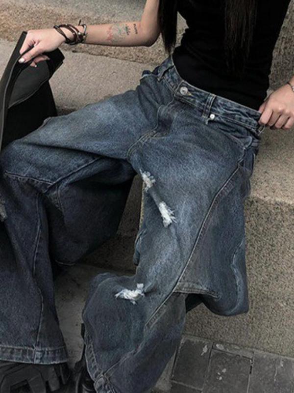 Retro Distressed Dirty Dyed Wide Legs Boyfriend Jeans Product Image