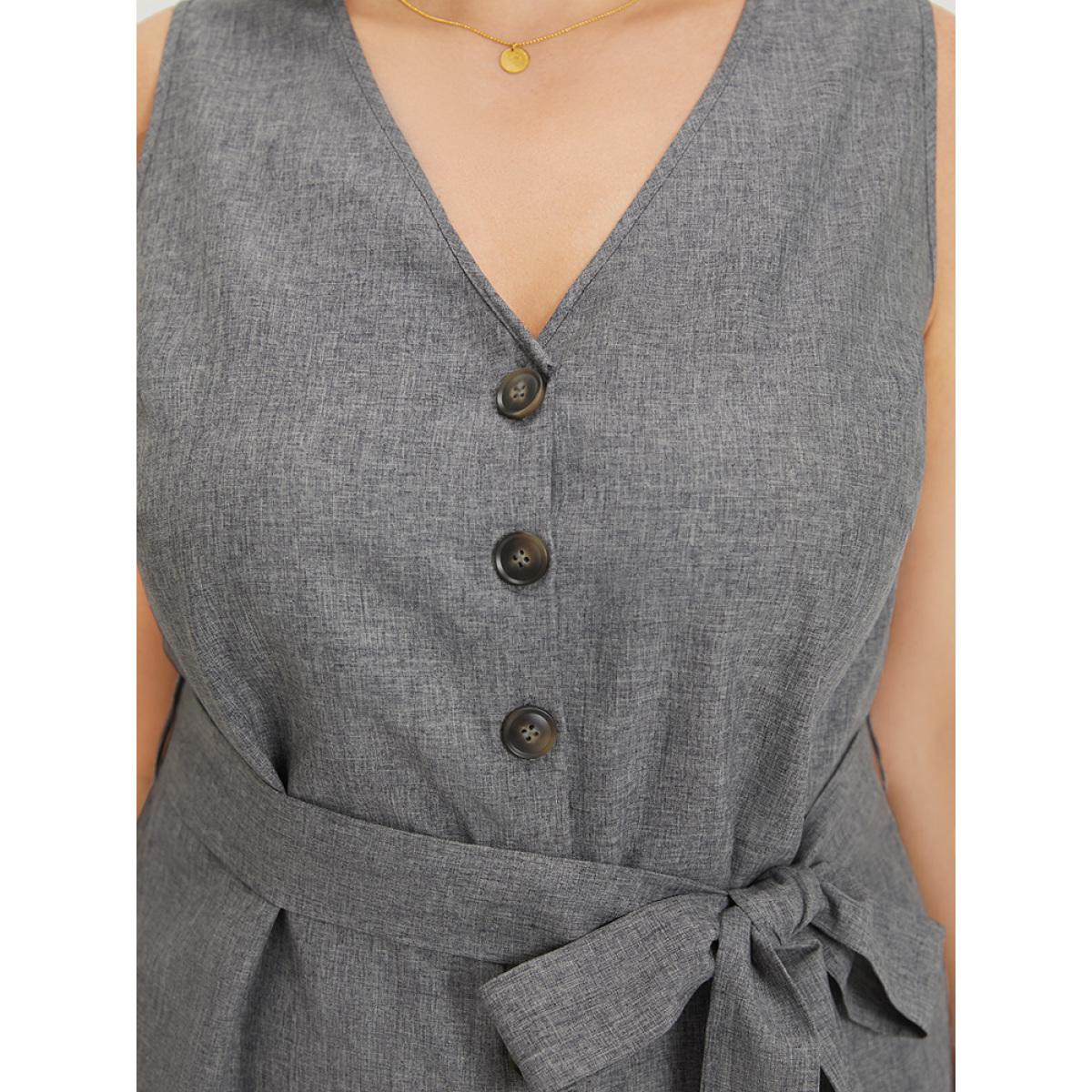 Plus Size DimGray Plain Belted Button Through Roll Hem Tank Jumpsuit Women Office Sleeveless V-neck Work Loose Jumpsuits BloomChic 14-16/1X Product Image