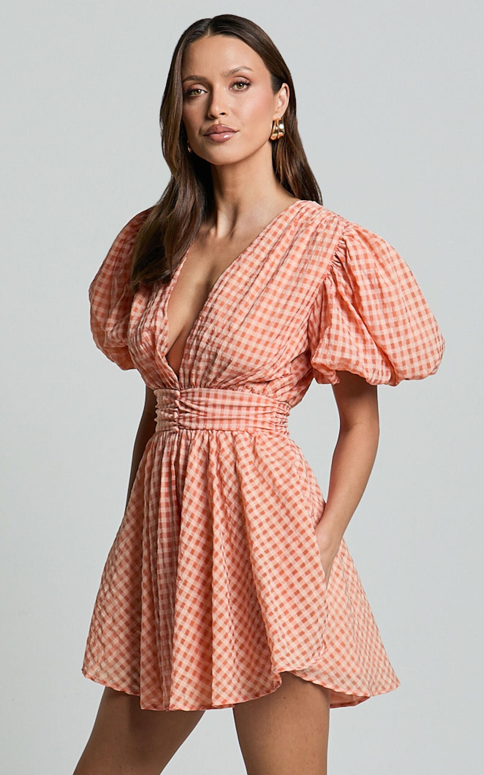 Xandy Mini Dress - Textured Puff Sleeve Plunge Dress in Peach Product Image