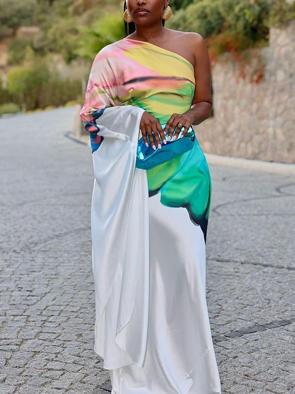 Long Sleeves Loose Asymmetric Flower Print One-Shoulder Maxi Dresses Product Image