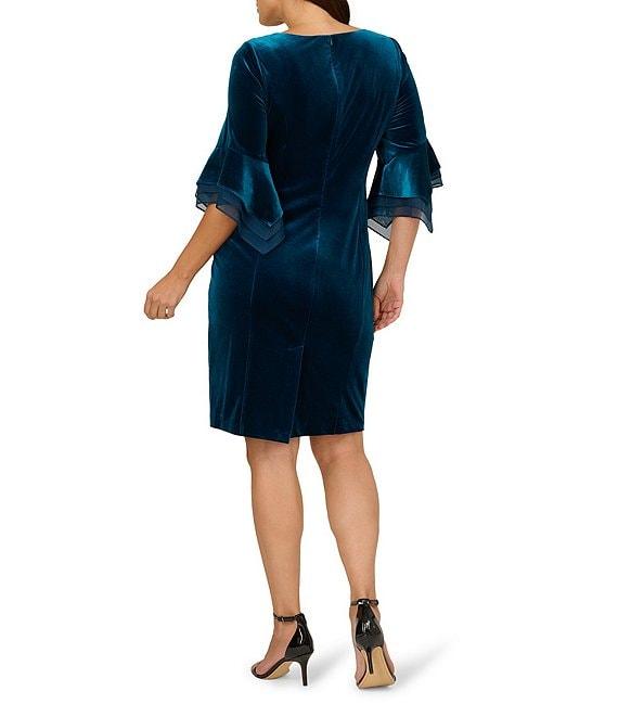 Adrianna Papell Plus Size Stretch Velvet Boat Neck 3/4 Tiered Bell Sleeve Sheath Dress Product Image