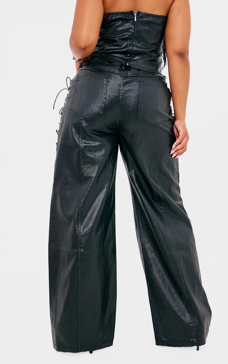 Plus Black Coated Denim Lace Up Wide Leg Jeans Product Image