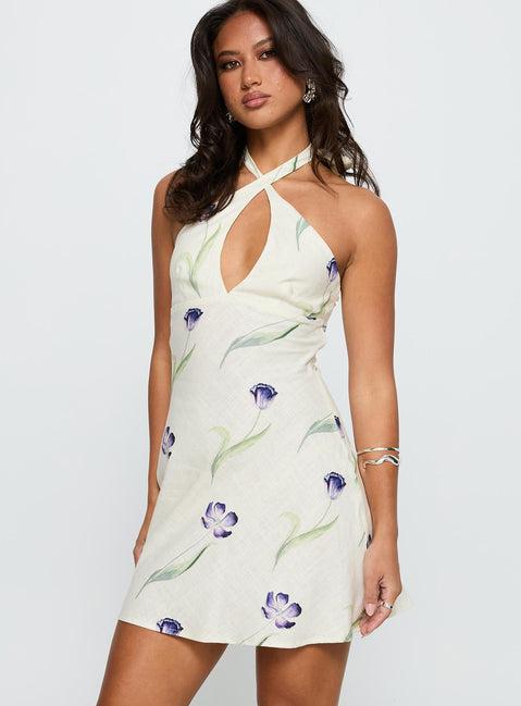 Havenna Halter Linen Blend Mini Dress Cream Floral Product Image