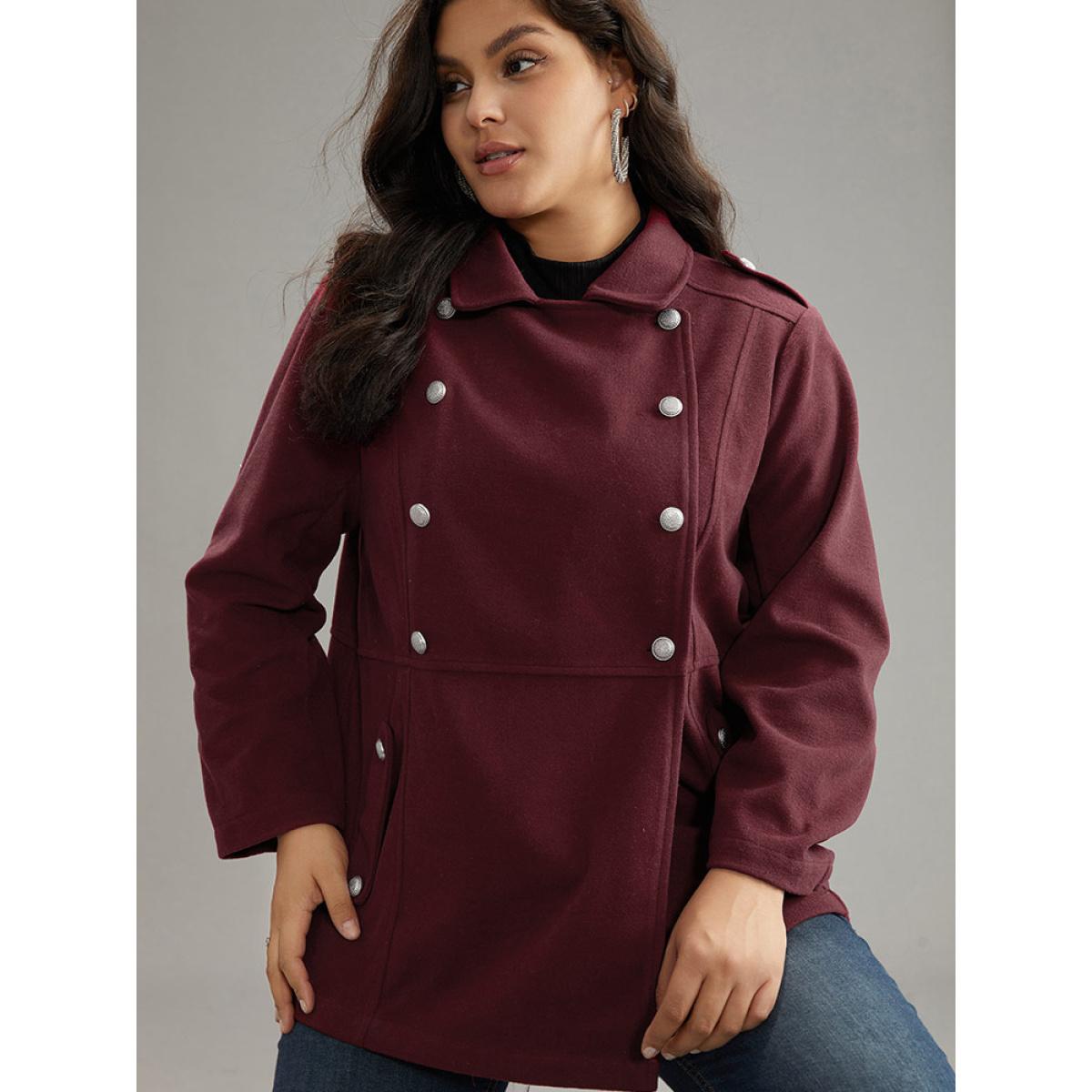 Plus Size Solid Button Detail Pocket Lapel Collar Coat Women Scarlet Casual Plain Ladies Dailywear Winter Coats BloomChic 22-24/3X Product Image