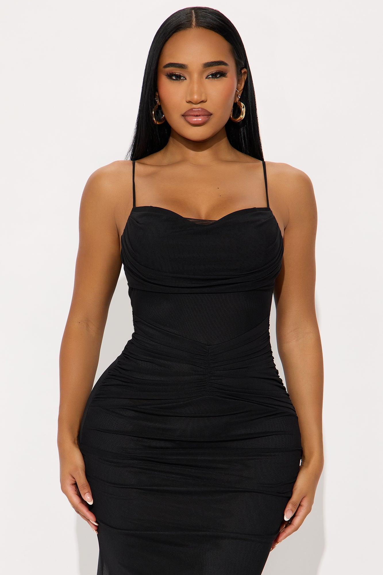 Evening Of Romance Solid Mesh Midi Dress - Black Female Product Image