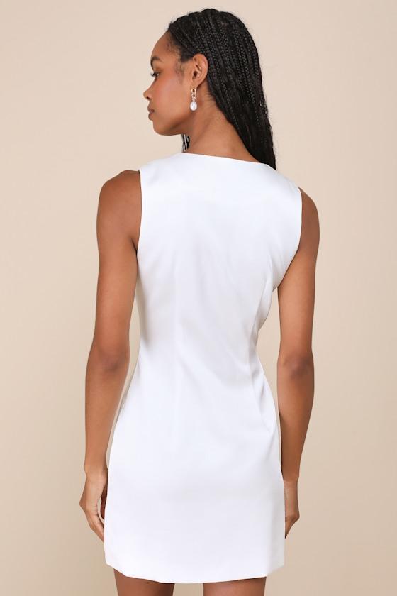 Sophisticated Icon White Satin Button-Up Mini Dress With Pockets Product Image