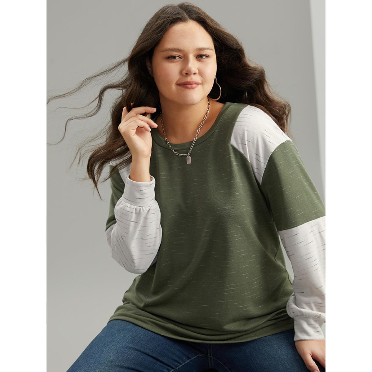 Plus Size Colorblock Patchwork Raglan Sleeve Sweatshirt Women ArmyGreen Casual Contrast Round Neck Everyday Sweatshirts BloomChic 28/5X Product Image
