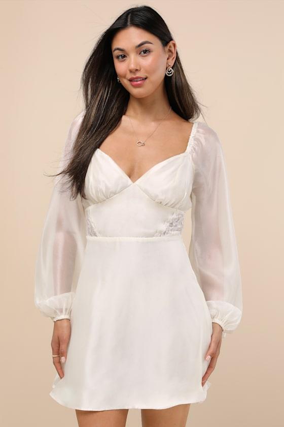 Medora Ivory Long Sleeve Lace-Up Mini Dress Product Image