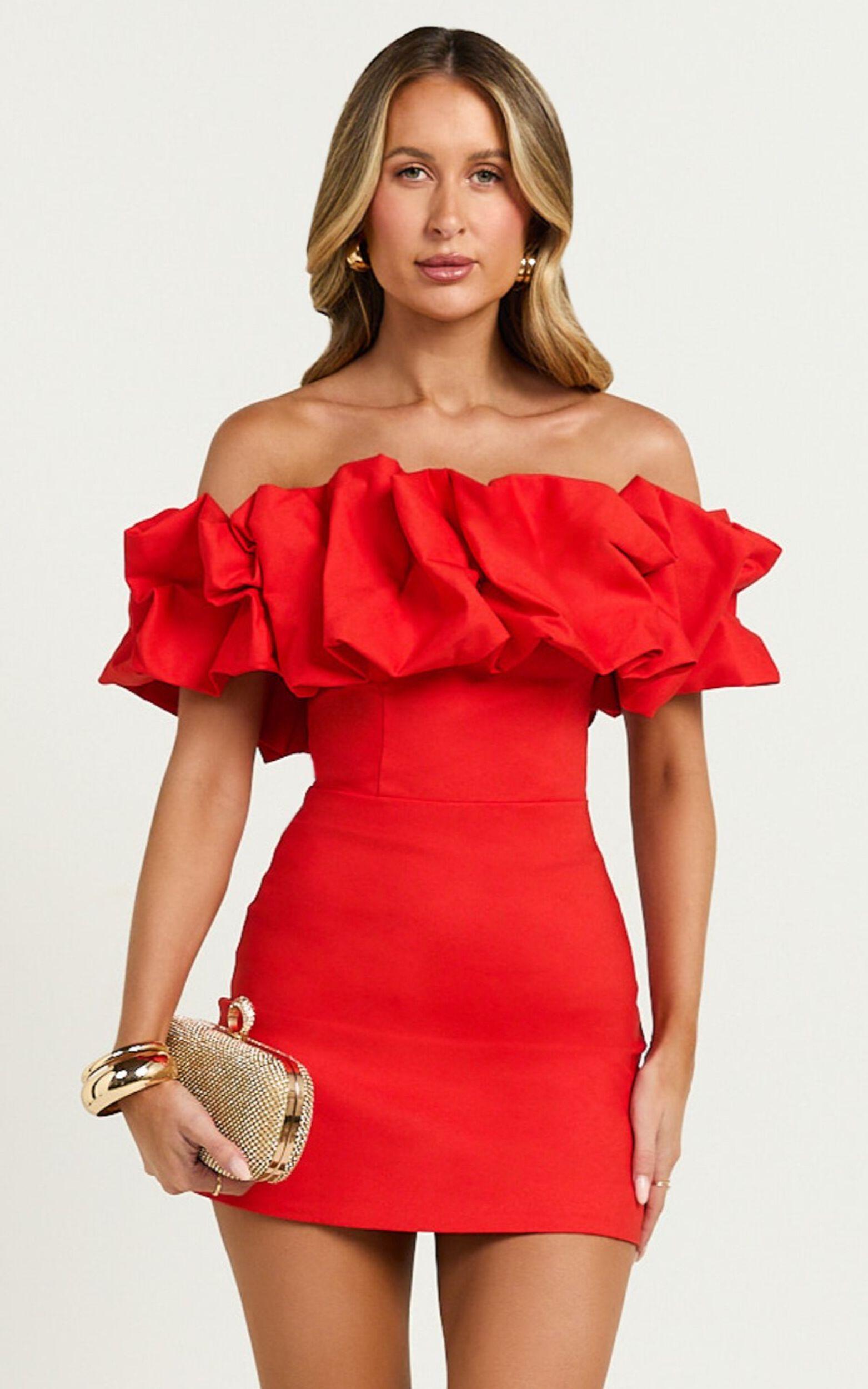 Coraline Mini Dress - Ruffle Off Shoulder Fitted Dress in Red Product Image