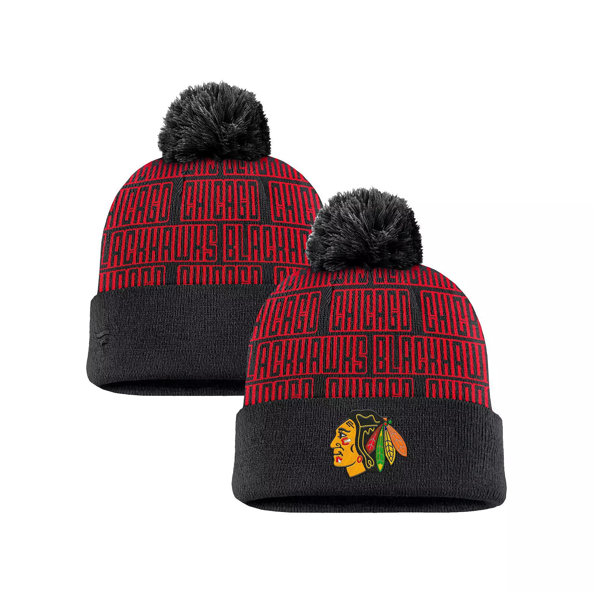 Men's Fanatics Black Chicago Blackhawks Fundamental Empty Net Cuffed Knit Hat with Pom Product Image