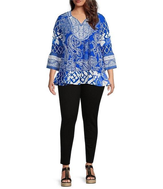 Calessa Plus Size Summer Paisley Split V-Neck Embroidered Tunic Product Image