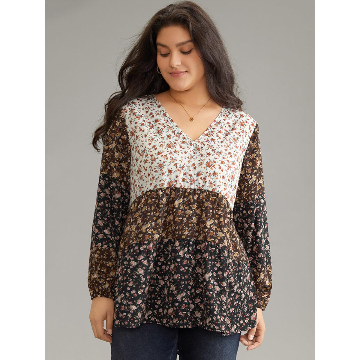 Plus Size Multicolor Ditsy Floral Contrast Patchwork Blouse Women Elegant Long Sleeve V-neck Dailywear Blouses BloomChic 14-16/1X Product Image