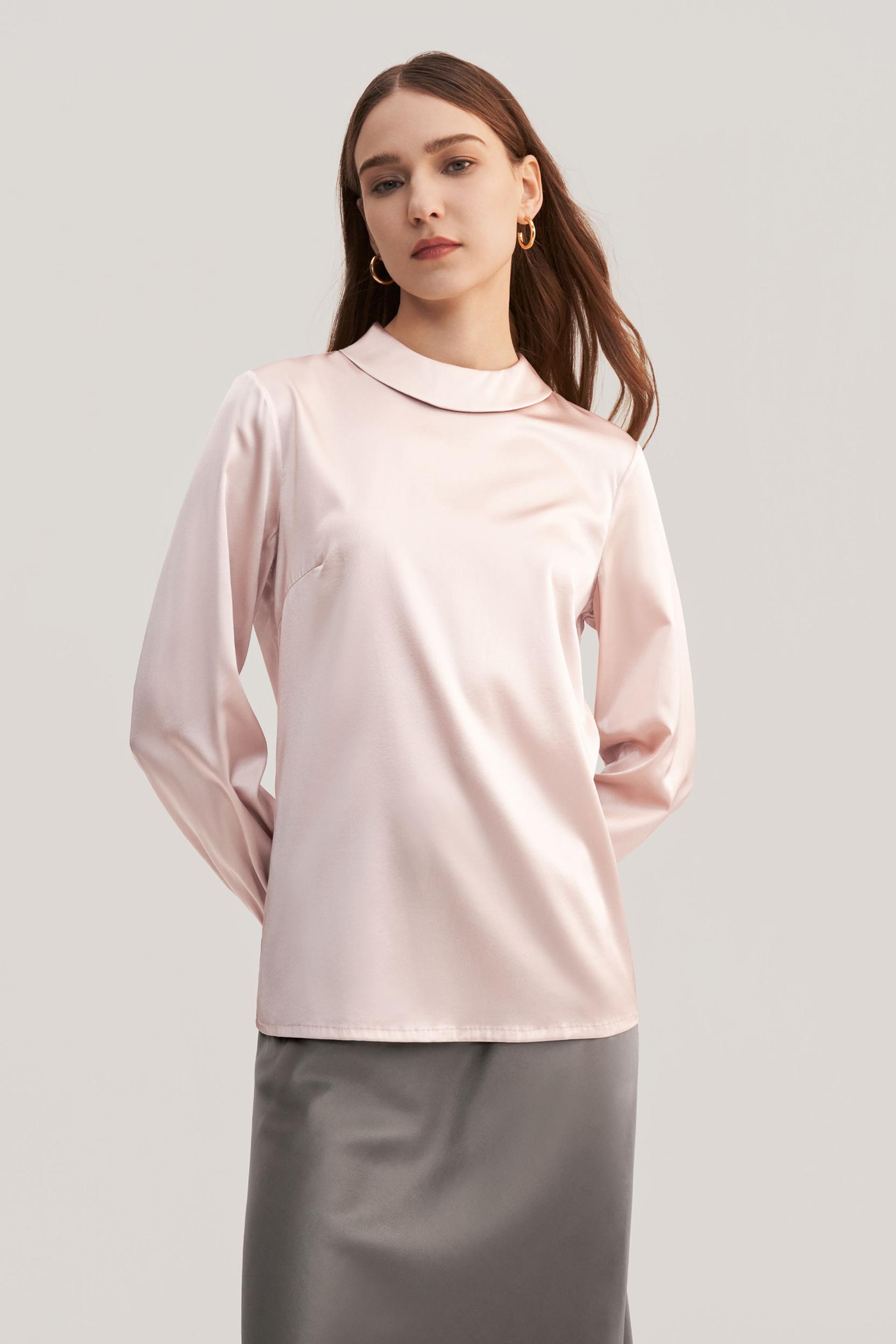 Stand Collar Long Sleeves  Silk Blouse Product Image