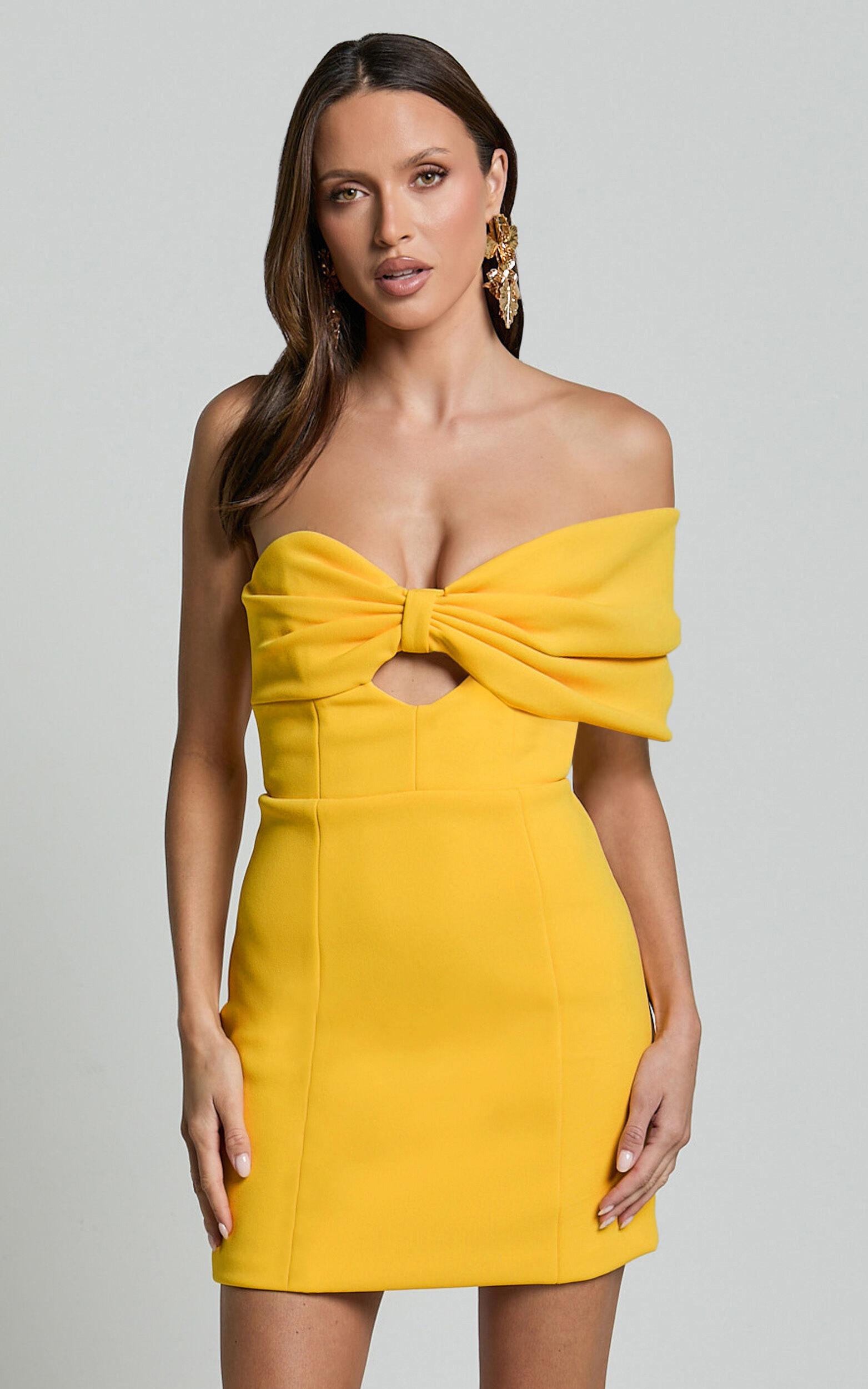 Amalie The Label - Seleste Off Shoulder Bow Detail Mini Dress in Yellow Product Image