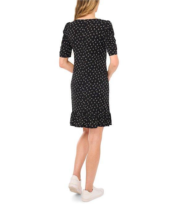 CeCe Crew Neck Short Puffed Sleeve Polka Dot Dress Product Image