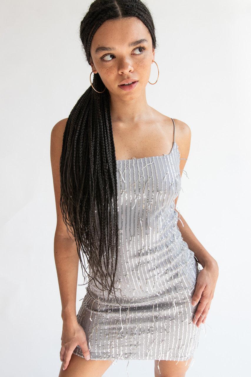 Silver Sequin Fringe Mini Dress Product Image
