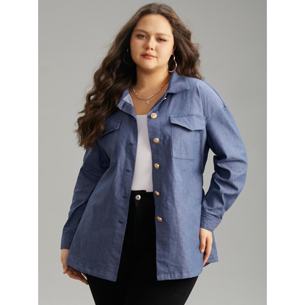 Plus Size Plain Ties Pocket Button Through Shacket Women Indigo Casual Plain Ladies Dailywear Winter Coats BloomChic 28/5X Product Image