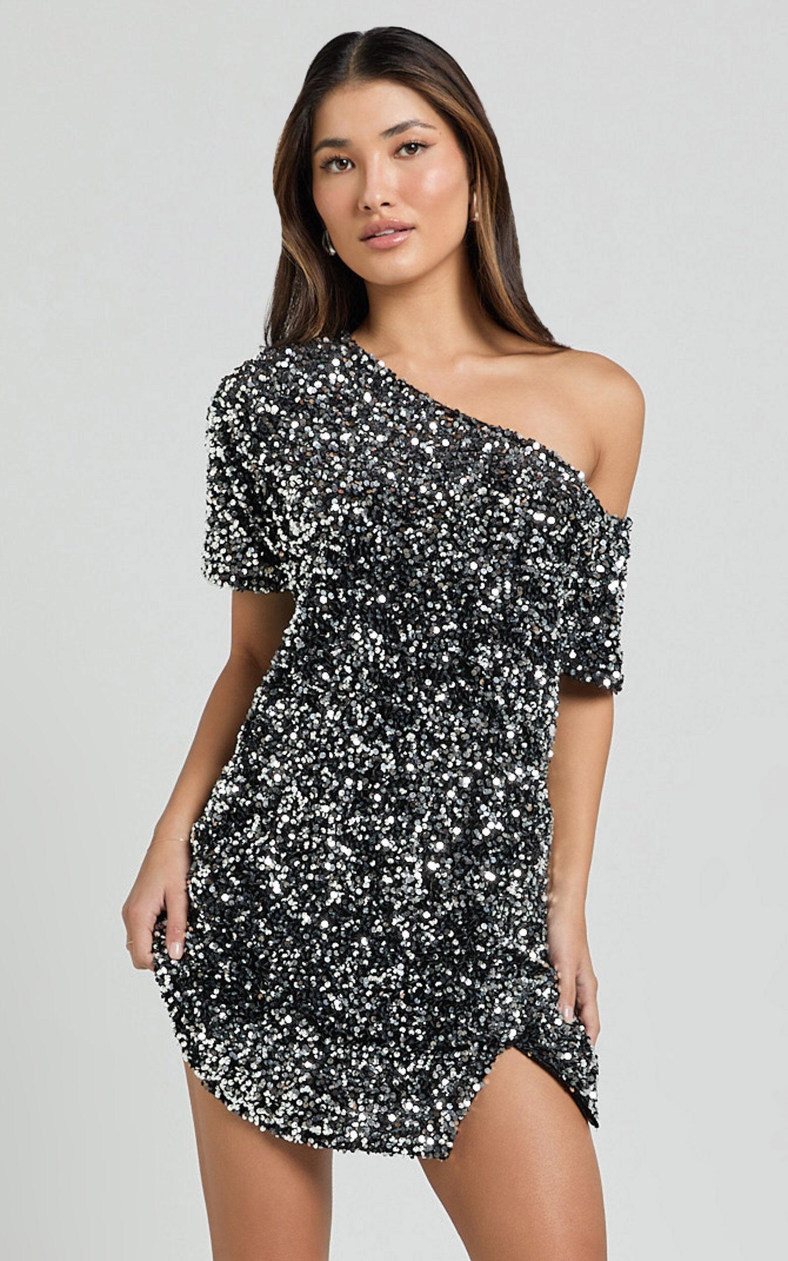 Katrine Mini Dress - Off Shoulder Shift Sequin Dress in Black Product Image