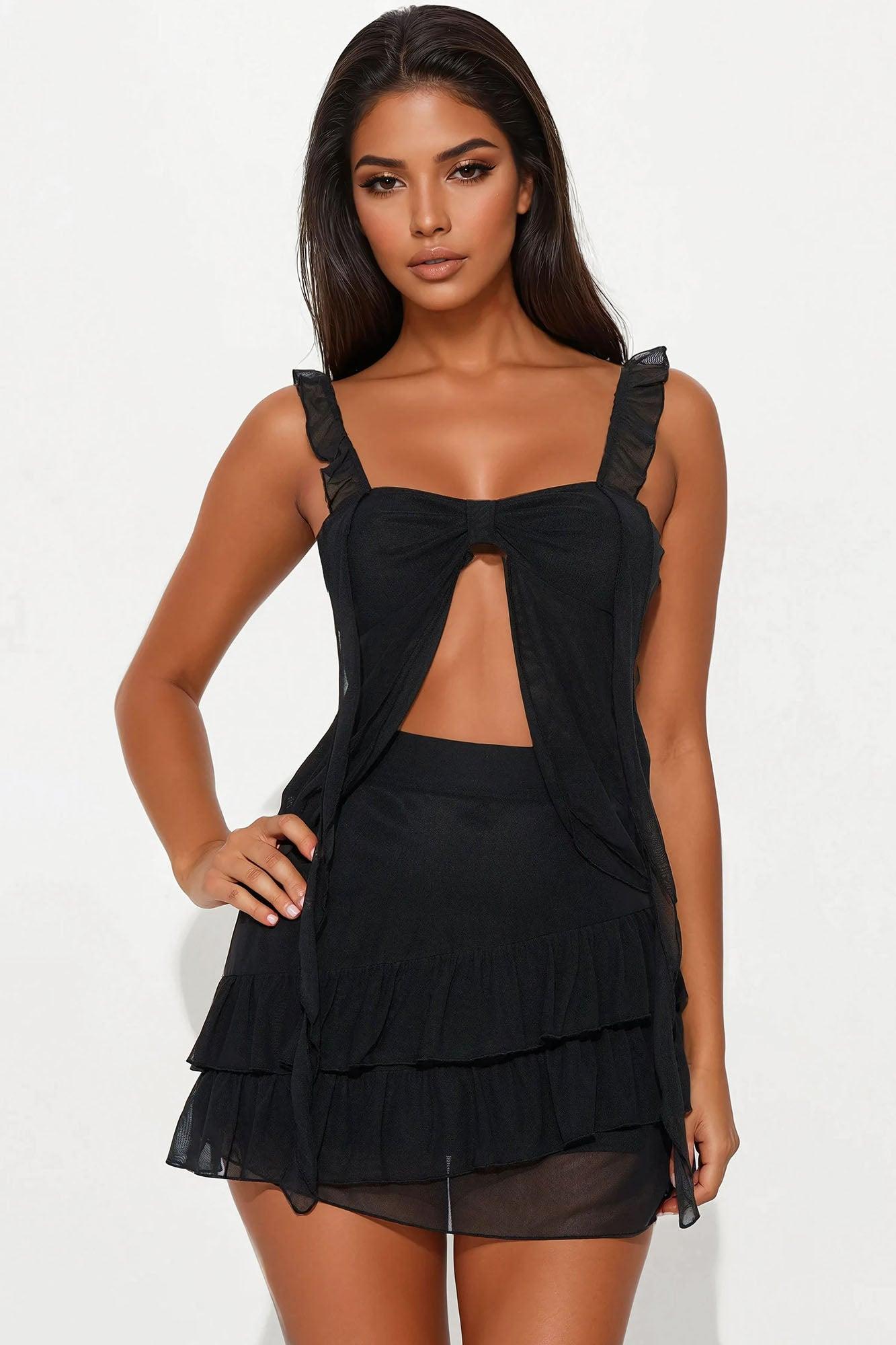 Emma Ruffle Mesh Mini Skirt Set - Black Female Product Image