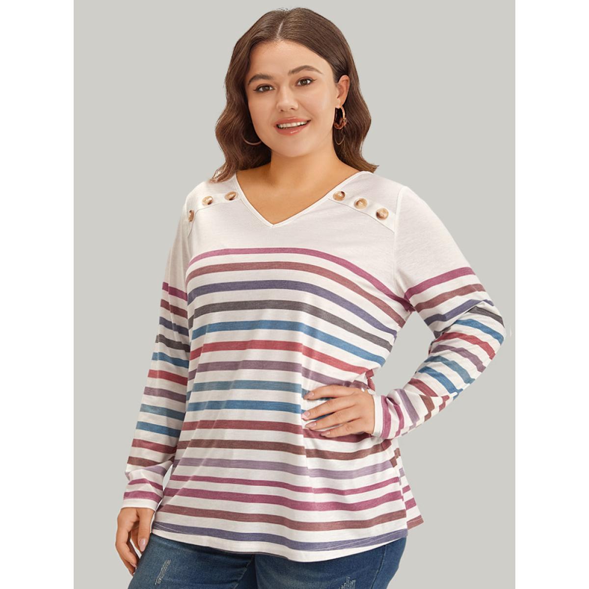 Plus Size Striped V Neck Button Detail Raglan Sleeve T-shirt Multicolor Women Casual Button Striped V-neck Dailywear T-shirts BloomChic 26/4X Product Image