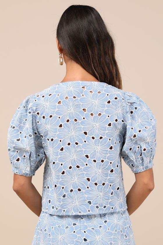 Aminta Blue Eyelet Embroidered Puff Sleeve Top Product Image
