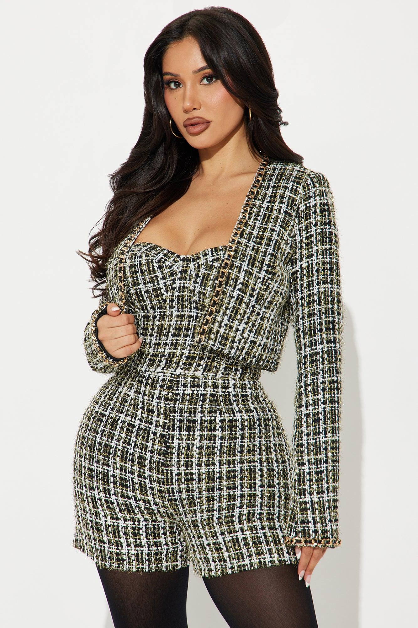 Vivian Tweed Romper Set - Black/White Product Image