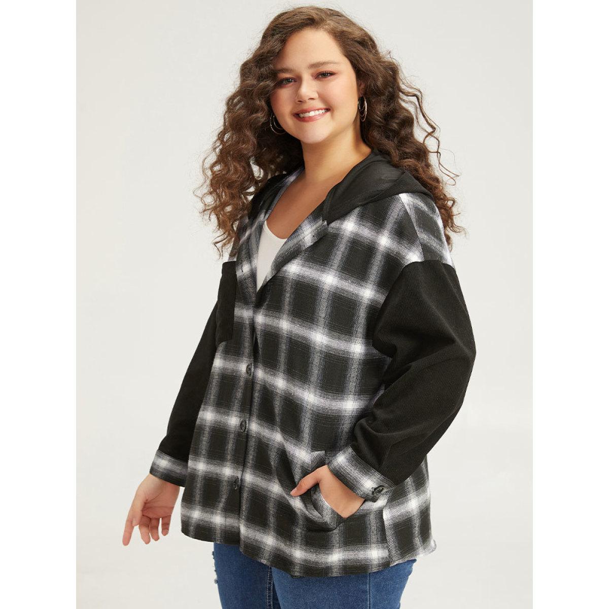 Plus Size Plaid Hooded Patched Pocket Button Up Patchwork Coat Women Black Contrast Pocket Dailywear Jackets BloomChic 18-20/2X Product Image