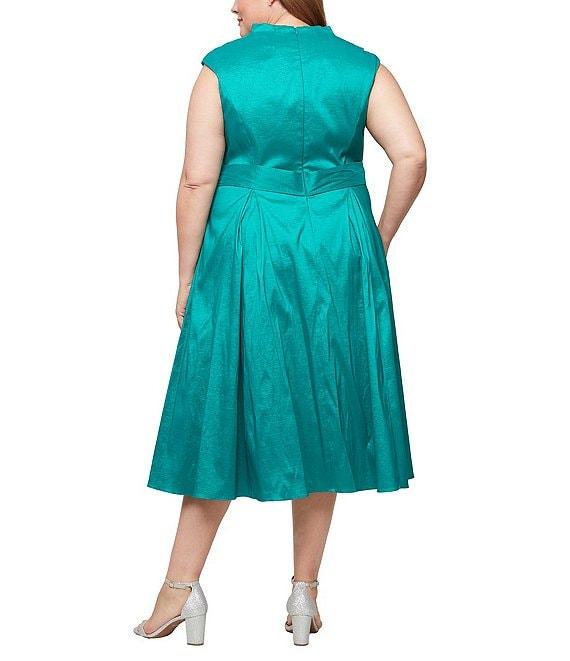 Alex Evenings Plus Size Stretch Taffeta V-Neck Cap Sleeve Tie Sash A-Line Midi Dress Product Image