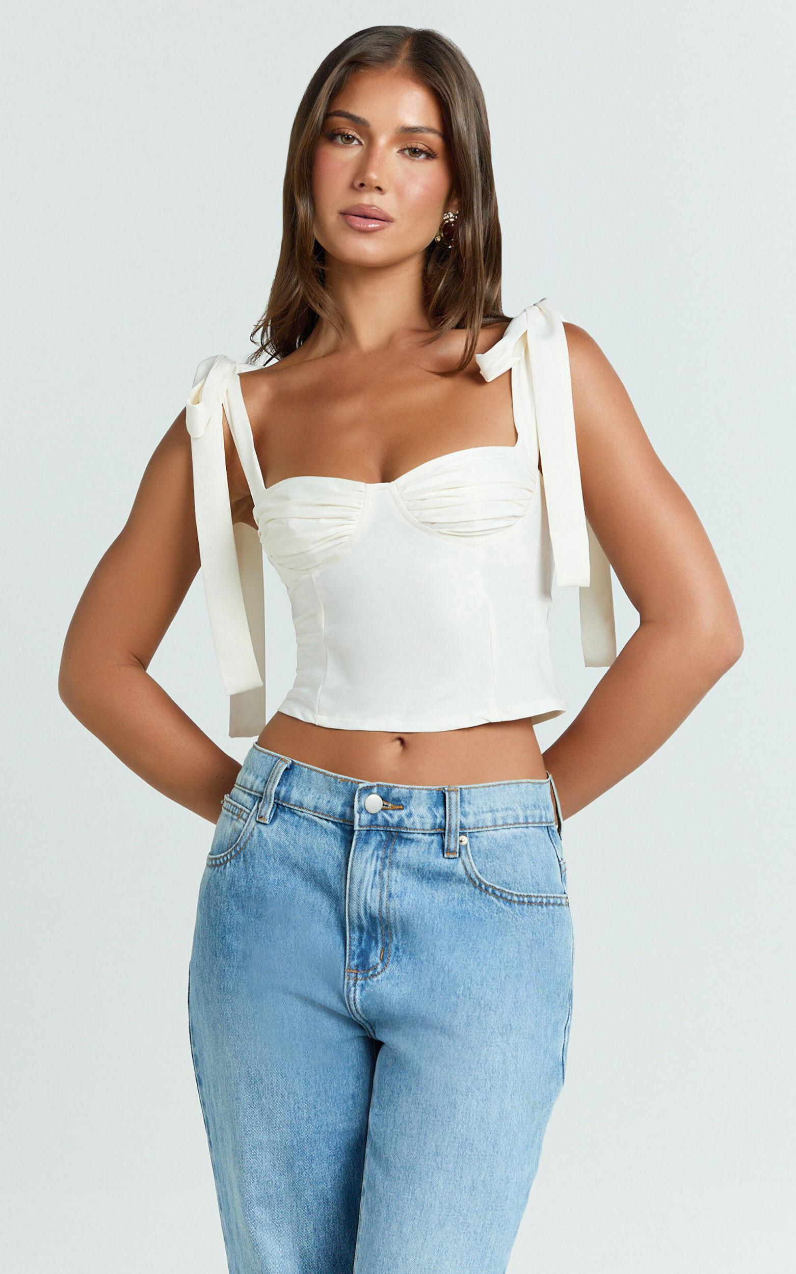 Elsa Top - Tie Shoulder Ruched Bust Bias Cut Top in Ivory Product Image