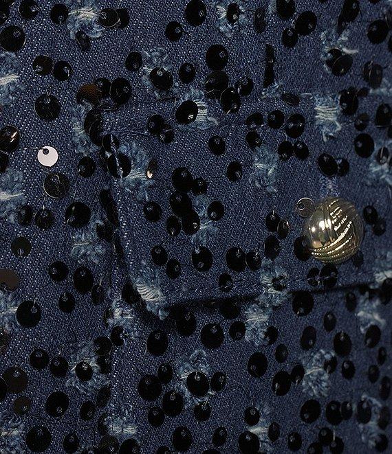 KARL LAGERFELD PARIS Sequin Denim Collarless Long Sleeve Cropped Jacket Product Image